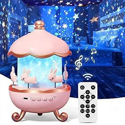 Bunny Carousel Night Light Projector Lamp – 360° Rotatable LED Night Lamp with 6 Film Shades, USB Rechargeable, Cute Bunny Design for Kids’ Bedroom, Babies, and Girls