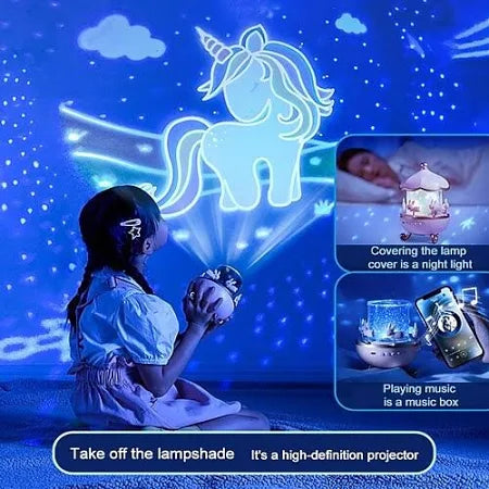 Bunny Carousel Night Light Projector Lamp – 360° Rotatable LED Night Lamp with 6 Film Shades, USB Rechargeable, Cute Bunny Design for Kids’ Bedroom, Babies, and Girls