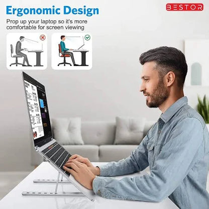 6-Angle Adjustable Aluminum Ergonomic Foldable Portable Tabletop Laptop & Desktop Riser Stand – Heat-Dissipation Design (Silver)