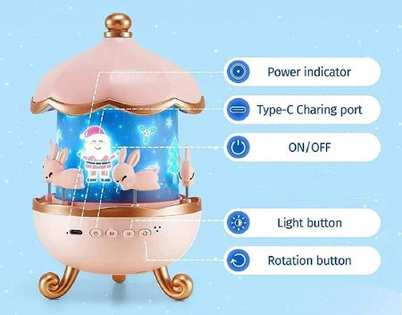 Bunny Carousel Night Light Projector Lamp – 360° Rotatable LED Night Lamp with 6 Film Shades, USB Rechargeable, Cute Bunny Design for Kids’ Bedroom, Babies, and Girls