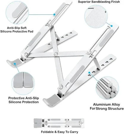 6-Angle Adjustable Aluminum Ergonomic Foldable Portable Tabletop Laptop & Desktop Riser Stand – Heat-Dissipation Design (Silver)