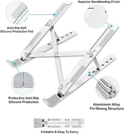 6-Angle Adjustable Aluminum Ergonomic Foldable Portable Tabletop Laptop & Desktop Riser Stand – Heat-Dissipation Design (Silver)