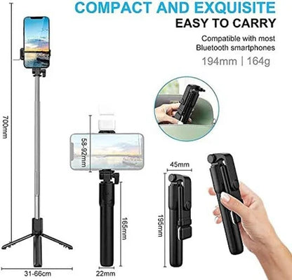 R1s 3-in-1 Professional Selfie Stick & Portable Tripod Stand for Mobile Phones – Perfect for Vlogging, Travel and YouTube – Compatible with All Smartphones (70 cm, Black)
