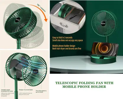 Portable Folding USB Table Fan – Rechargeable Mini Desk Fan with Adjustable Telescopic Stand, 3 Speeds, 6.5-Inch, 3000mAh Battery – Ideal for Home, Office, Kitchen, Camping & Outdoor (Green)
