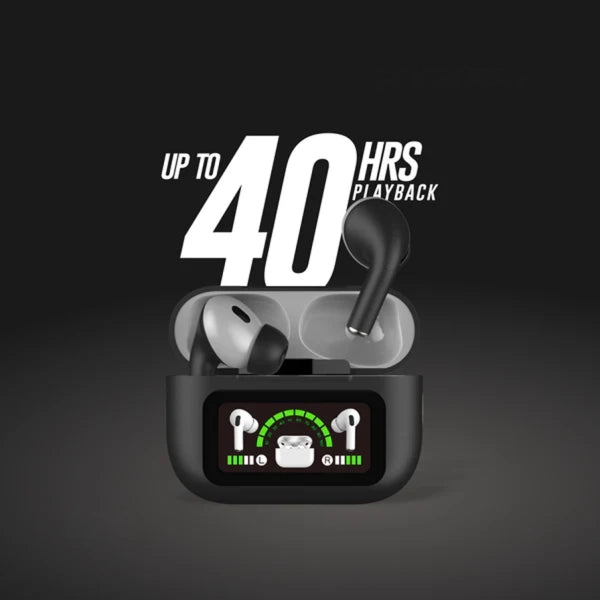 AIRPODS DISPLAY ENC GEN 3 – Wireless Earbuds with 40H Music Playtime, 30H Talk Time, Type-C Fast Charging, IPX5 Waterproof, Bluetooth 5.4, 15m Range, 250mAh Battery & 14mm Drivers (Black, White, Blue, Green)